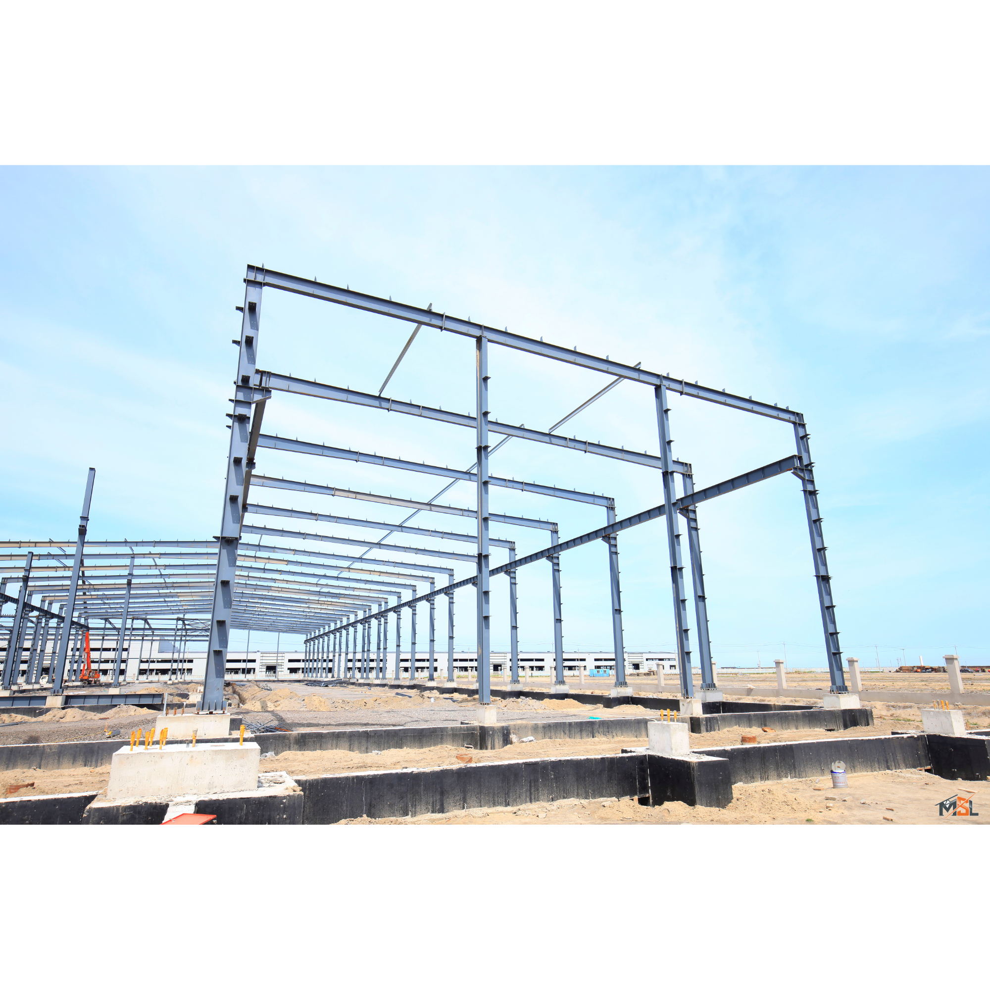 Large-scale commercial structural steel frame under erection